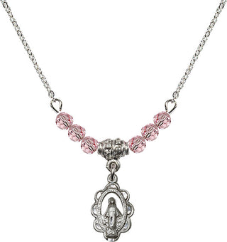 18" Rhodium Plated Necklace with 4mm Light Rose Crystal Beads featuring a Sterling Silver Miraculous Medal.