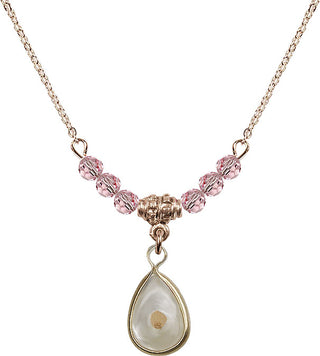 18" Hamilton Gold Plated Necklace with 4mm Light Rose Crystal Beads featuring a 14kt Gold Filled Mustard Seed Medal.