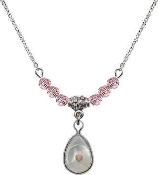 18" Rhodium Plated Necklace with 4mm Light Rose Crystal Beads featuring a Sterling Silver Mustard Seed Medal.