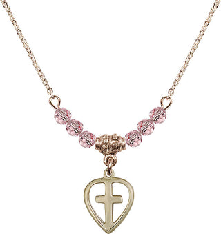 18" Hamilton Gold Plated Necklace with 4mm Light Rose Crystal Beads featuring a 14kt Gold Filled Heart / Cross Medal.