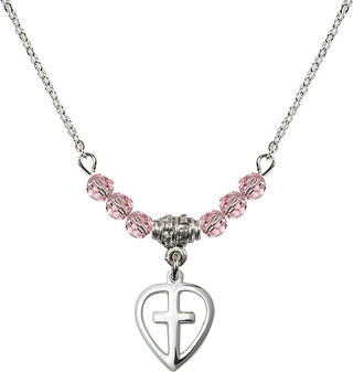 18" Rhodium Plated Necklace with 4mm Light Rose Crystal Beads featuring a Sterling Silver Heart / Cross Medal.