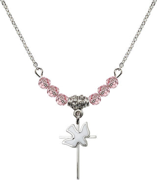 18" Rhodium Plated Necklace with 4mm Light Rose Crystal Beads featuring a Sterling Silver Cross / Holy Spirit Medal.