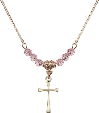 18" Hamilton Gold Plated Necklace with 4mm Light Rose Crystal Beads featuring a 14kt Gold Filled Maltese Cross Medal.