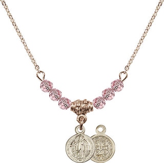 18" Hamilton Gold Plated Necklace with 4mm Light Rose Crystal Beads featuring a 14kt Gold Filled Saint Benedict Medal.