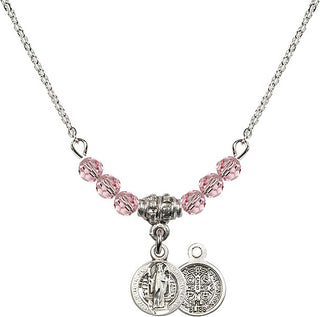 18" Rhodium Plated Necklace with 4mm Light Rose Crystal Beads featuring a Sterling Silver Saint Benedict Medal.