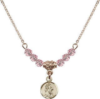 18" Hamilton Gold Plated Necklace with 4mm Light Rose Crystal Beads featuring a 14kt Gold Filled Saint Christopher Medal.