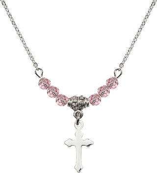 18" Rhodium Plated Necklace with 4mm Light Rose Crystal Beads featuring a Sterling Silver Cross Medal.