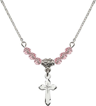 18" Rhodium Plated Necklace with 4mm Light Rose Crystal Beads featuring a Sterling Silver Cross Medal.