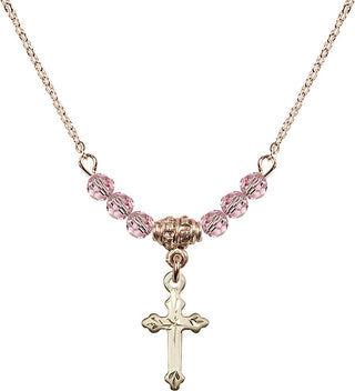 18" Hamilton Gold Plated Necklace with 4mm Light Rose Crystal Beads featuring a 14kt Gold Filled Cross Medal.
