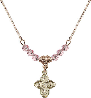 18" Hamilton Gold Plated Necklace with 4mm Light Rose Crystal Beads featuring a 14kt Gold Filled 4-Way Medal.