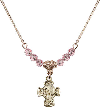 18" Hamilton Gold Plated Necklace with 4mm Light Rose Crystal Beads featuring a 14kt Gold Filled 5-Way Medal.
