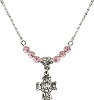 18" Rhodium Plated Necklace with 4mm Light Rose Crystal Beads featuring a Sterling Silver 5-Way Medal.
