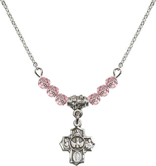 18" Rhodium Plated Necklace with 4mm Light Rose Crystal Beads featuring a Sterling Silver 5-Way Medal.