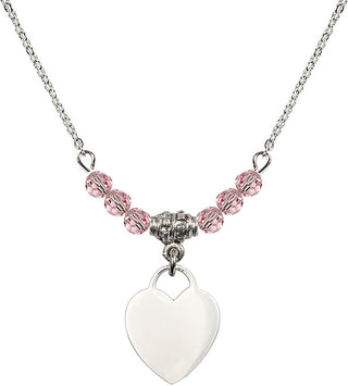 18" Rhodium Plated Necklace with 4mm Light Rose Crystal Beads featuring a Sterling Silver Heart Medal. Engraved Catholic Saint Jewelry
