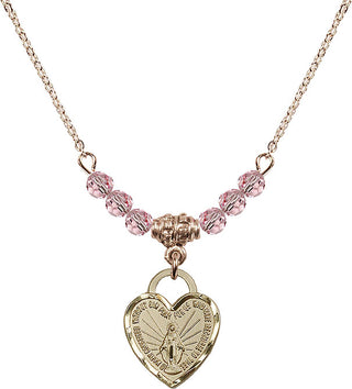18" Hamilton Gold Plated Necklace with 4mm Light Rose Crystal Beads featuring a 14kt Gold Filled Miraculous Heart Medal. Engraved Catholic Saint Jewelry