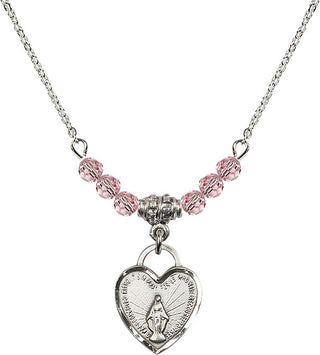 18" Rhodium Plated Necklace with 4mm Light Rose Crystal Beads featuring a Sterling Silver Miraculous Heart Medal. Engraved Catholic Saint Jewelry