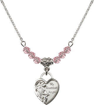 18" Rhodium Plated Necklace with 4mm Light Rose Crystal Beads featuring a Sterling Silver Guardian Angel Heart Medal. Engraved Catholic Saint Jewelry