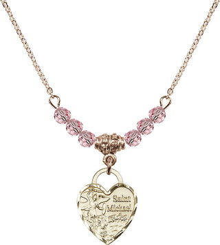 18" Hamilton Gold Plated Necklace with 4mm Light Rose Crystal Beads featuring a 14kt Gold Filled Saint Michael Heart Medal. Engraved Catholic Saint Jewelry
