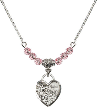 18" Rhodium Plated Necklace with 4mm Light Rose Crystal Beads featuring a Sterling Silver Saint Michael Heart Medal. Engraved Catholic Saint Jewelry