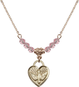 18" Hamilton Gold Plated Necklace with 4mm Light Rose Crystal Beads featuring a 14kt Gold Filled Confirmation Heart Medal. Engraved Catholic Saint Jewelry