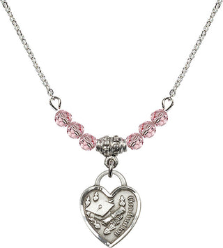 18" Rhodium Plated Necklace with 4mm Light Rose Crystal Beads featuring a Sterling Silver Graduation Heart Medal. Engraved Catholic Saint Jewelry