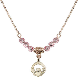18" Hamilton Gold Plated Necklace with 4mm Light Rose Crystal Beads featuring a 14kt Gold Filled Claddagh Medal.