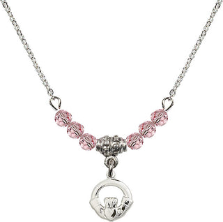 18" Rhodium Plated Necklace with 4mm Light Rose Crystal Beads featuring a Sterling Silver Claddagh Medal.
