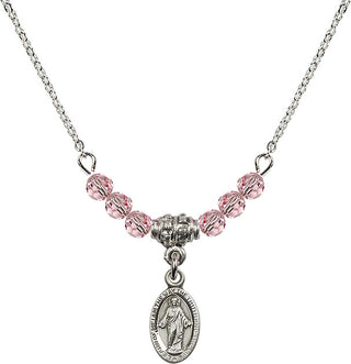 18" Rhodium Plated Necklace with 4mm Light Rose Crystal Beads featuring a Sterling Silver Scapular Medal.