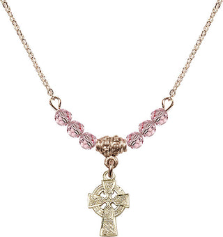 18" Hamilton Gold Plated Necklace with 4mm Light Rose Crystal Beads featuring a 14kt Gold Filled Celtic Cross Medal.
