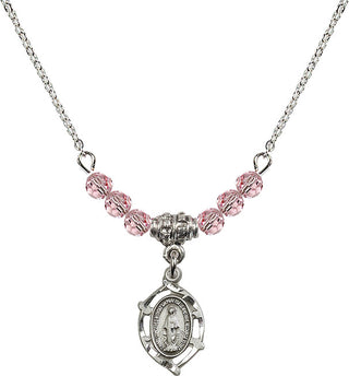 18" Rhodium Plated Necklace with 4mm Light Rose Crystal Beads featuring a Sterling Silver Miraculous Medal.