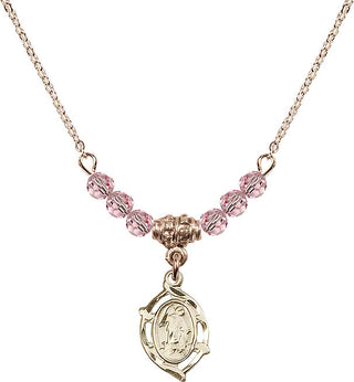18" Hamilton Gold Plated Necklace with 4mm Light Rose Crystal Beads featuring a 14kt Gold Filled Guardian Angel Medal.