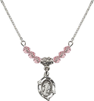 18" Rhodium Plated Necklace with 4mm Light Rose Crystal Beads featuring a Sterling Silver Guardian Angel Medal.