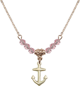18" Hamilton Gold Plated Necklace with 4mm Light Rose Crystal Beads featuring a 14kt Gold Filled Anchor Medal.