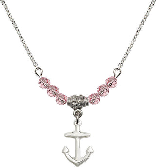 18" Rhodium Plated Necklace with 4mm Light Rose Crystal Beads featuring a Sterling Silver Anchor Medal.