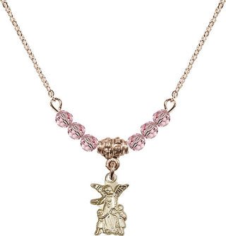 18" Hamilton Gold Plated Necklace with 4mm Light Rose Crystal Beads featuring a 14kt Gold Filled Guardian Angel Medal.