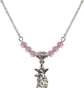 18" Rhodium Plated Necklace with 4mm Light Rose Crystal Beads featuring a Sterling Silver Guardian Angel Medal.
