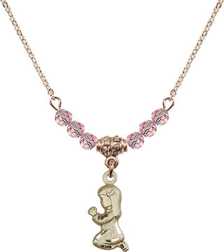 18" Hamilton Gold Plated Necklace with 4mm Light Rose Crystal Beads featuring a 14kt Gold Filled Praying Girl Medal.
