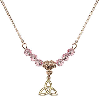 18" Hamilton Gold Plated Necklace with 4mm Light Rose Crystal Beads featuring a 14kt Gold Filled Trinity Irish Knot Medal.