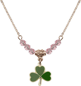 18" Hamilton Gold Plated Necklace with 4mm Light Rose Crystal Beads featuring a 14kt Gold Filled Shamrock Medal.