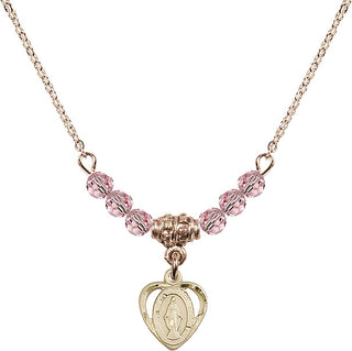 18" Hamilton Gold Plated Necklace with 4mm Light Rose Crystal Beads featuring a 14kt Gold Filled Miraculous Medal.