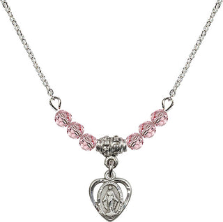 18" Rhodium Plated Necklace with 4mm Light Rose Crystal Beads featuring a Sterling Silver Miraculous Medal.