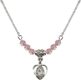 18" Rhodium Plated Necklace with 4mm Light Rose Crystal Beads featuring a Sterling Silver Scapular Medal.