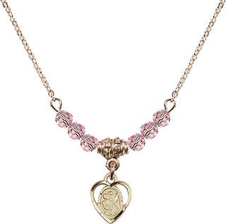 18" Hamilton Gold Plated Necklace with 4mm Light Rose Crystal Beads featuring a 14kt Gold Filled Saint Christopher Medal. Engraved Catholic Saint Jewelry