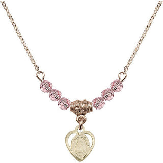 18" Hamilton Gold Plated Necklace with 4mm Light Rose Crystal Beads featuring a 14kt Gold Filled Infant Medal. Engraved Catholic Saint Jewelry