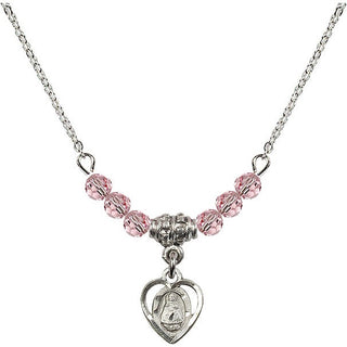 18" Rhodium Plated Necklace with 4mm Light Rose Crystal Beads featuring a Sterling Silver Infant Medal. Engraved Catholic Saint Jewelry