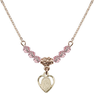 18" Hamilton Gold Plated Necklace with 4mm Light Rose Crystal Beads featuring a 14kt Gold Filled Saint Ann Medal. Engraved Catholic Saint Jewelry