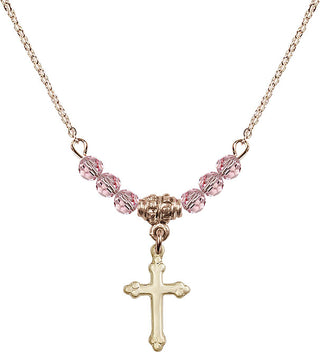 18" Hamilton Gold Plated Necklace with 4mm Light Rose Crystal Beads featuring a 14kt Gold Filled Cross Medal.