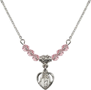 18" Rhodium Plated Necklace with 4mm Light Rose Crystal Beads featuring a Sterling Silver Our Lady of Guadalupe Medal.