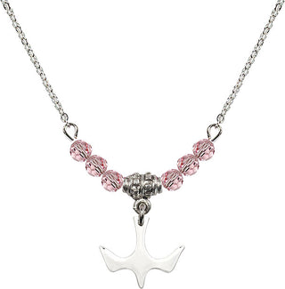 18" Rhodium Plated Necklace with 4mm Light Rose Crystal Beads featuring a Sterling Silver Holy Spirit Medal.