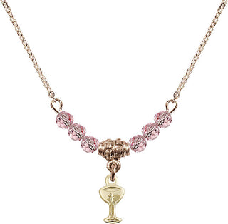 18" Hamilton Gold Plated Necklace with 4mm Light Rose Crystal Beads featuring a 14kt Gold Filled Chalice Medal.